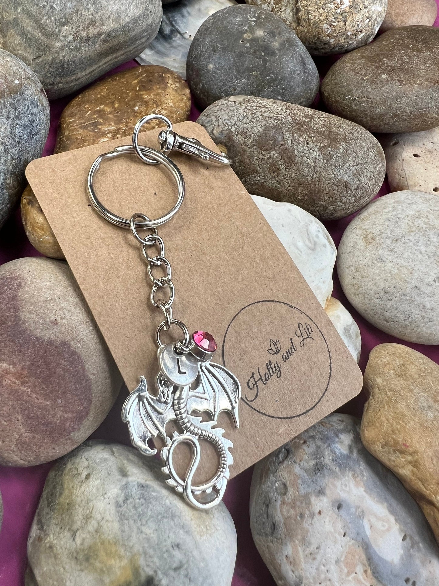 Dragon Personalised, keychain, Dragons Keyring, Alphabetical Initial, Birthstone Charms, Zipper Chain, Initials Key-Ring, Personalise