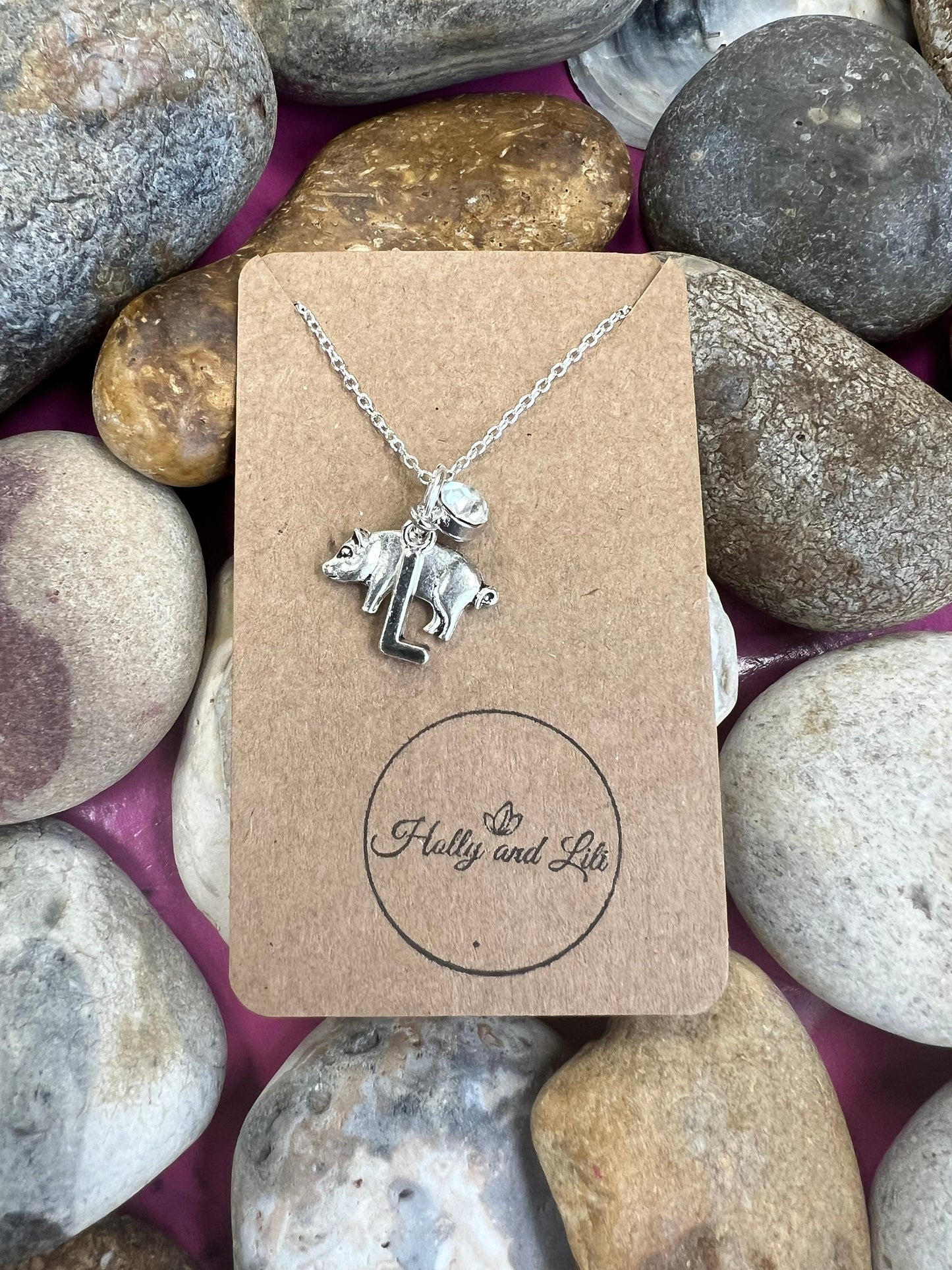 Pig Personalised Pendant Piggy Charm Necklace, Alphabet Initials, Birthstone Charm, Piglet, Pig, Pigs, First Necklace, Animal Chain, Cute