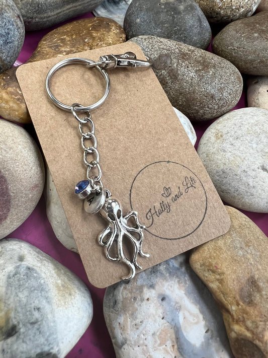 Octopus Personalised, keychain, Octopus Keyring, Alphabetical Initial, Birthstone Charms, Zipper Chain, Initials Key-Ring, Personalise,