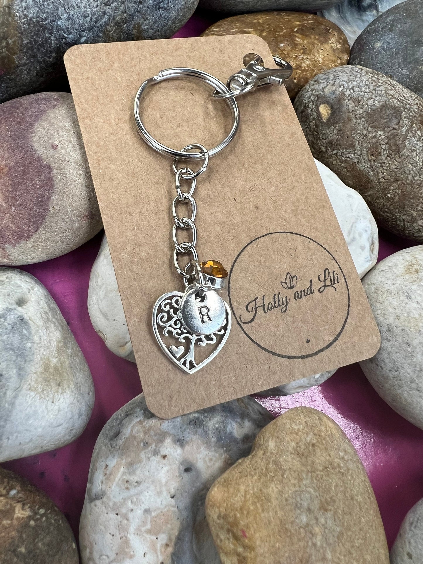 Tree Of Life Heart Personalised Keychain, Alphabet Initials, Birthstone, Hearts Initial Keyring, Love Keyring, Love, Hearts Zipper chain,