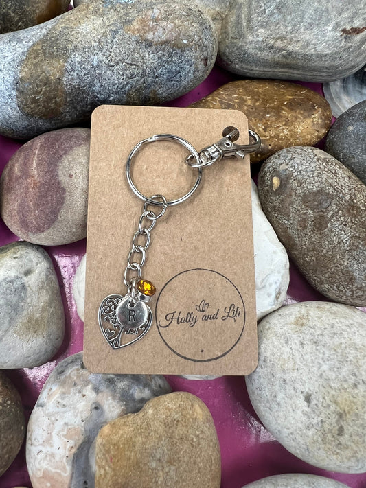 Tree Of Life Heart Personalised Keychain, Alphabet Initials, Birthstone, Hearts Initial Keyring, Love Keyring, Love, Hearts Zipper chain,