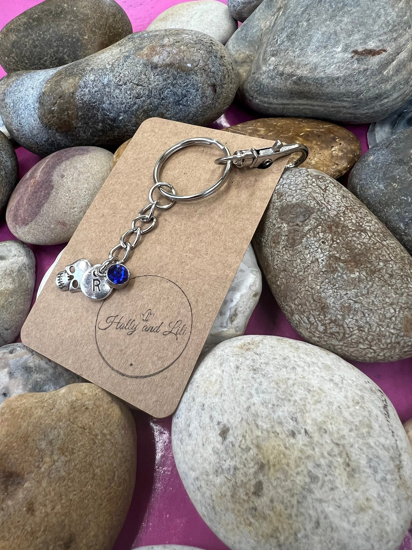 Skull Style Personalised Keychain, Skull Keyring, Face Alphabet Initials, Birthstone Charm, Skulls Gifts, Skull Zipper Chain, Skulls