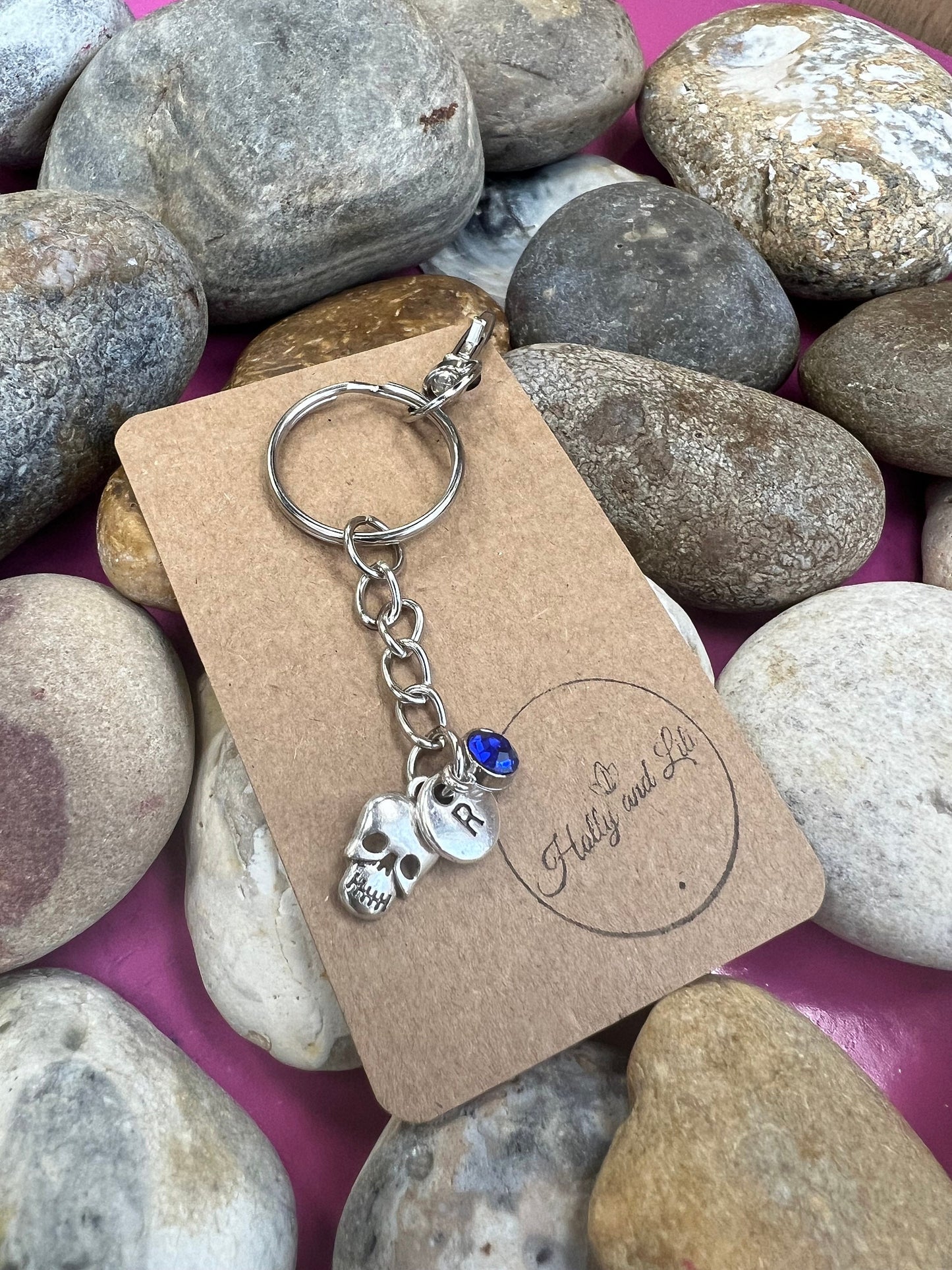 Skull Style Personalised Keychain, Skull Keyring, Face Alphabet Initials, Birthstone Charm, Skulls Gifts, Skull Zipper Chain, Skulls