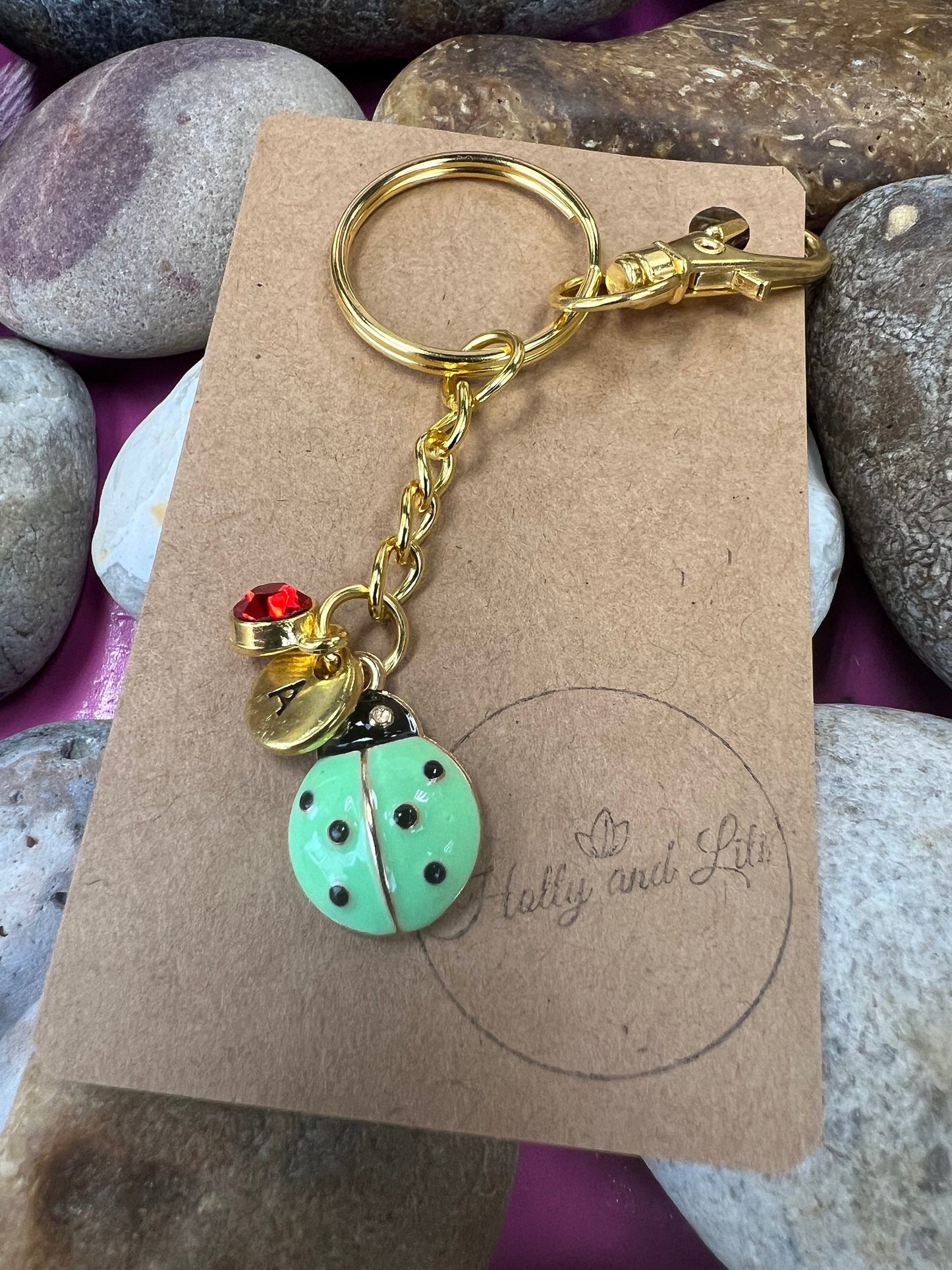 Ladybird Green Personalised Keychain, Ladybug Keyring, Alphabetical Initial, Birthstone Charms, Insect Zipper Chains, Novelty, BFF