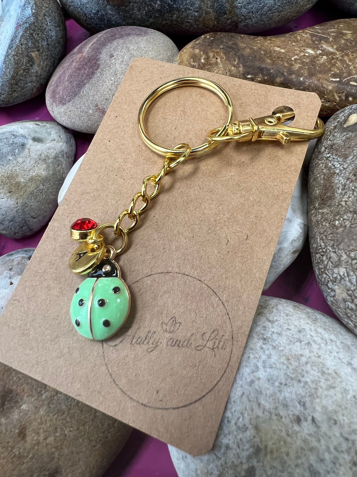 Ladybird Green Personalised Keychain, Ladybug Keyring, Alphabetical Initial, Birthstone Charms, Insect Zipper Chains, Novelty, BFF