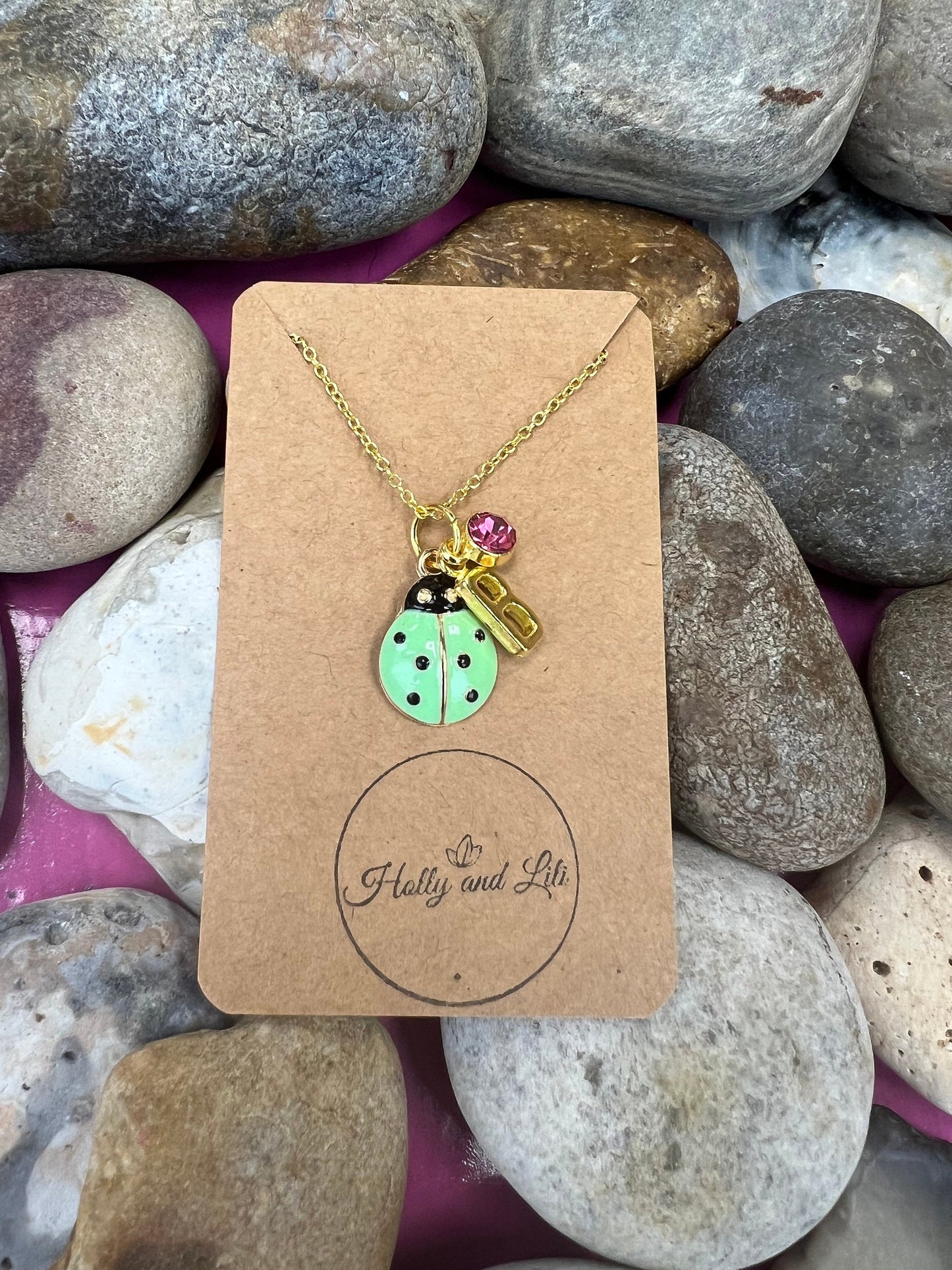 Ladybird Green Novelty Pendant Necklace, Personalised Ladybird Chain, Butterfly, Alphabet & Birthstone, First Necklace, Ladybug, Bff, Gift