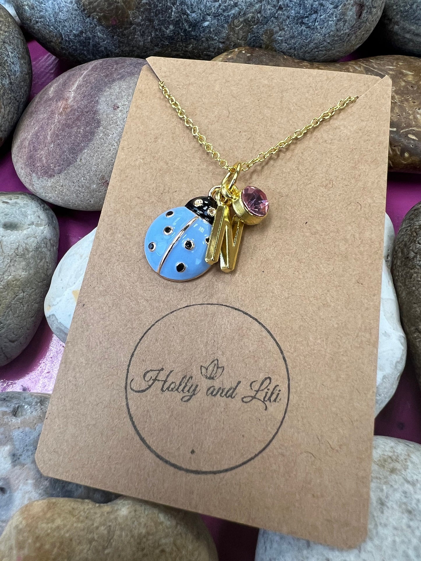 Ladybird Blue Novelty Pendant Necklace, Personalised Ladybird Chain, Butterfly, Alphabet & Birthstone, First Necklace, Ladybug, Bff, Gift