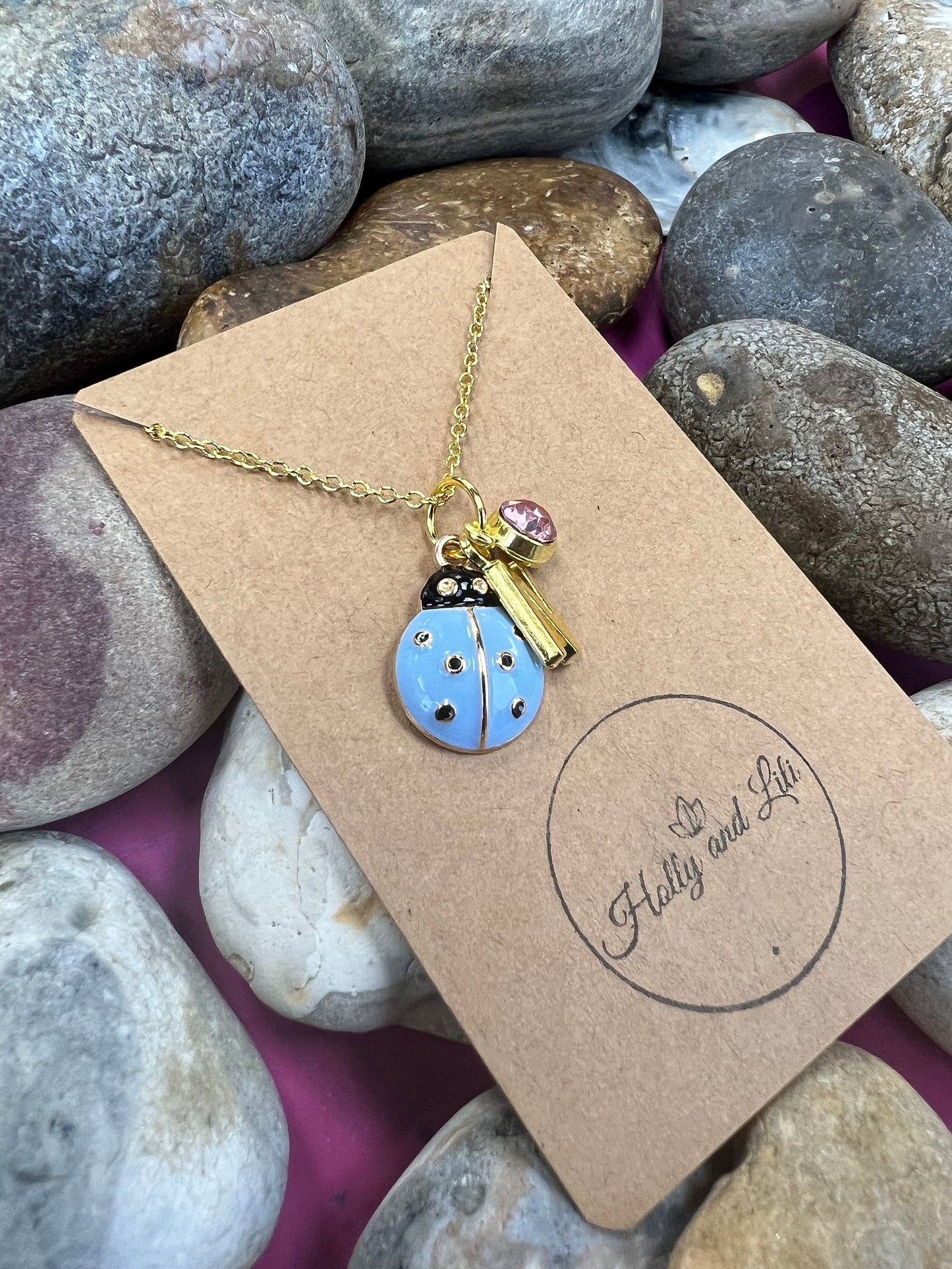 Ladybird Blue Novelty Pendant Necklace, Personalised Ladybird Chain, Butterfly, Alphabet & Birthstone, First Necklace, Ladybug, Bff, Gift