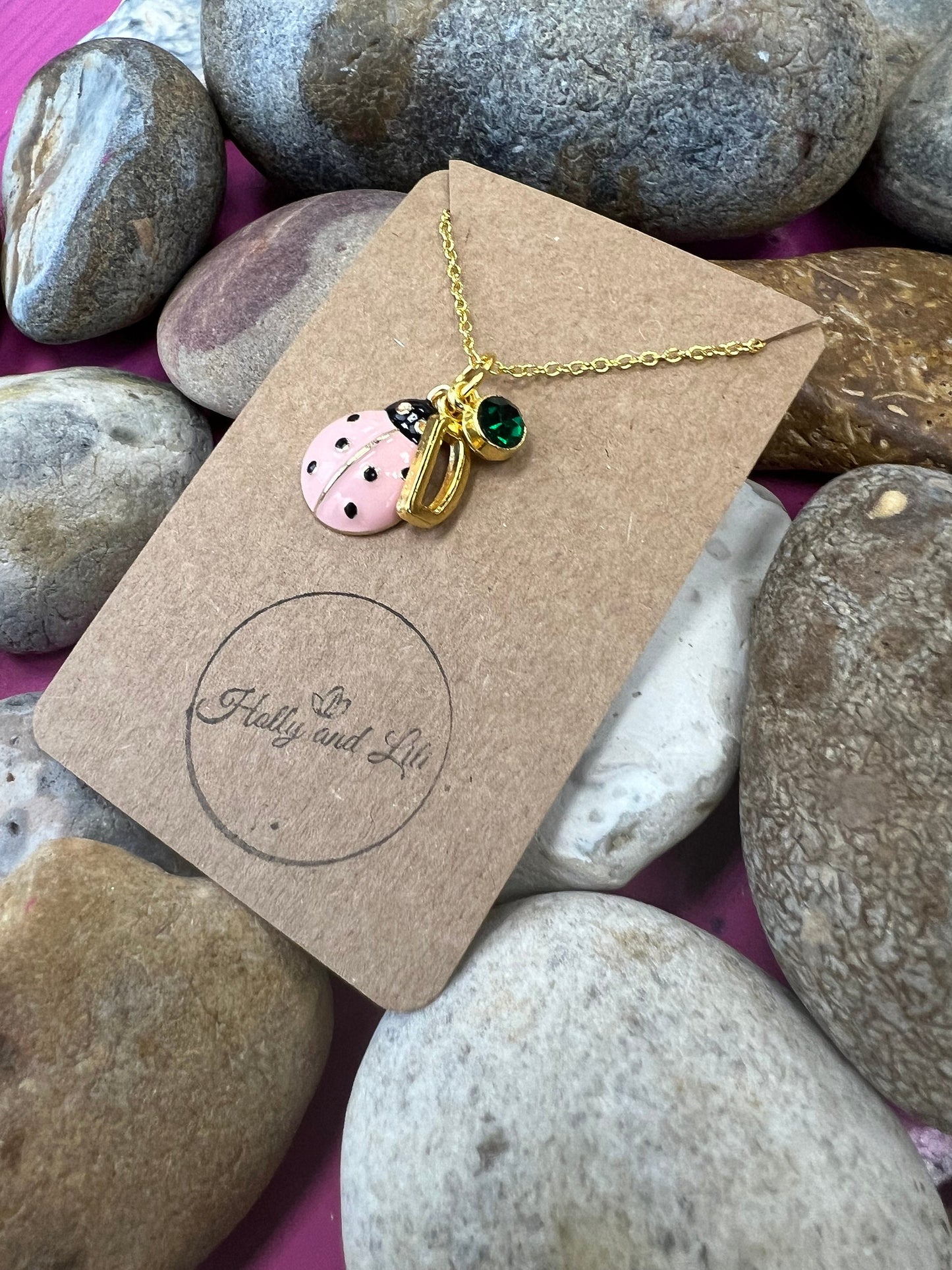 Ladybird Pink Novelty Pendant Necklace, Personalised Ladybird Chain, Butterfly, Alphabet & Birthstone, First Necklace, Ladybug, Bff, Gift