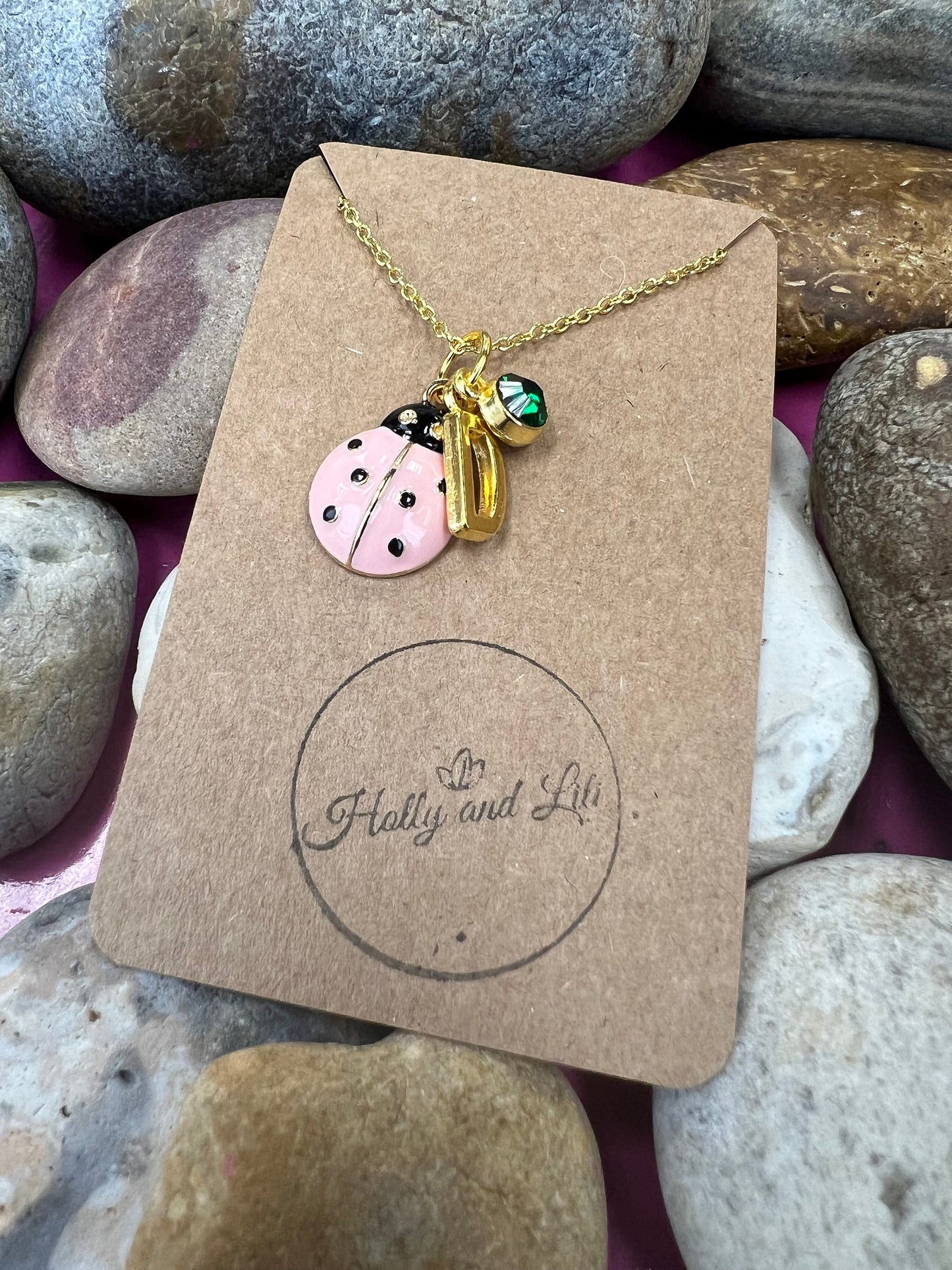 Ladybird Pink Novelty Pendant Necklace, Personalised Ladybird Chain, Butterfly, Alphabet & Birthstone, First Necklace, Ladybug, Bff, Gift