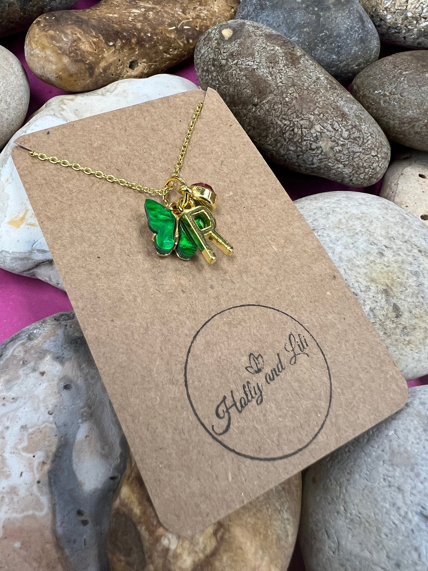 Butterfly Green Novelty Pendant Necklace, Personalised Butterfly Chain, Butterfly, Alphabet & Birthstone, First Necklace, Butterflies, Gift