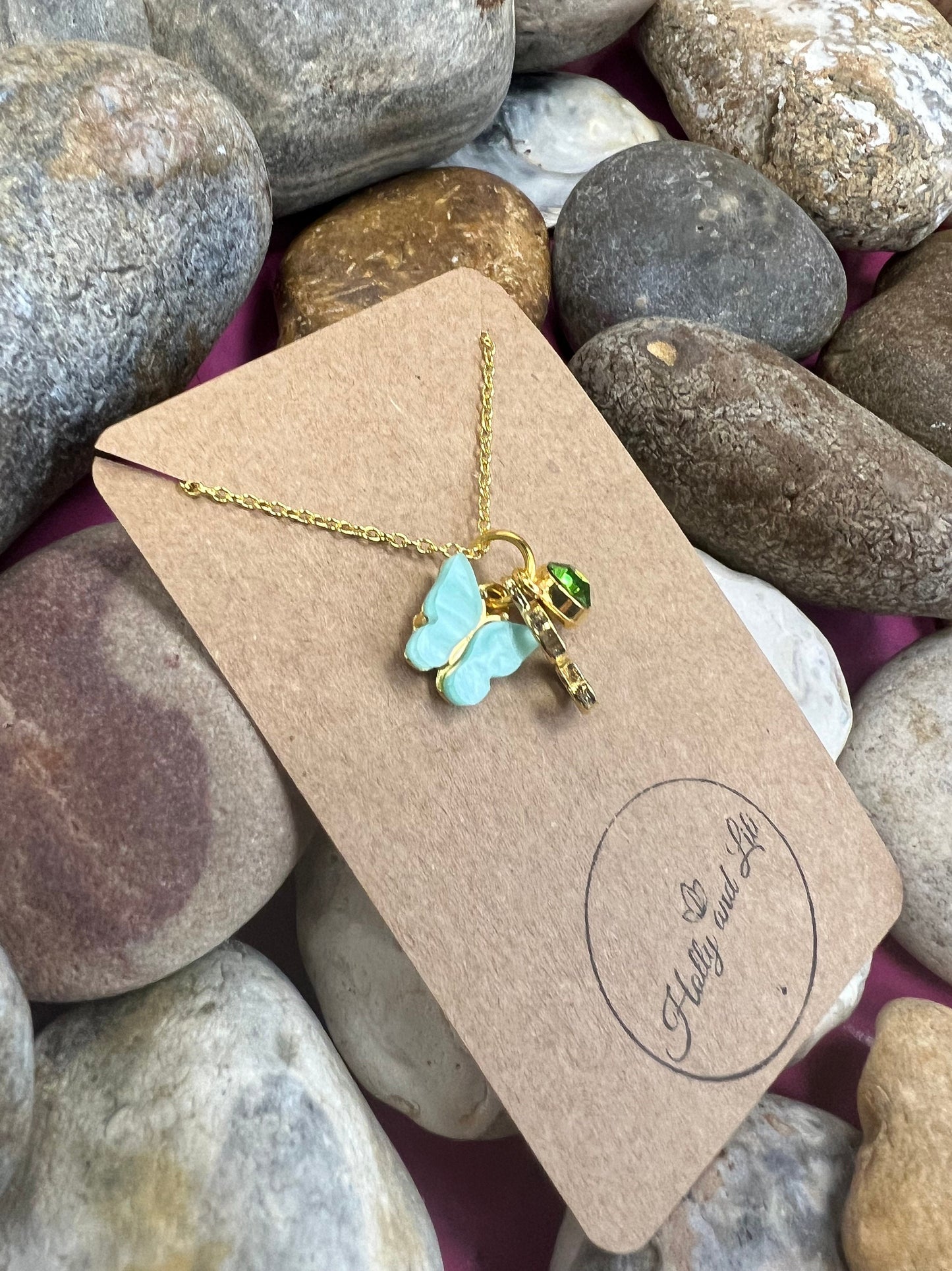 Butterfly Teal Novelty Pendant Necklace, Personalised Butterfly Chain, Butterfly, Alphabet & Birthstone, First Necklace, Butterflies, Gift