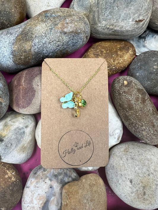 Butterfly Teal Novelty Pendant Necklace, Personalised Butterfly Chain, Butterfly, Alphabet & Birthstone, First Necklace, Butterflies, Gift