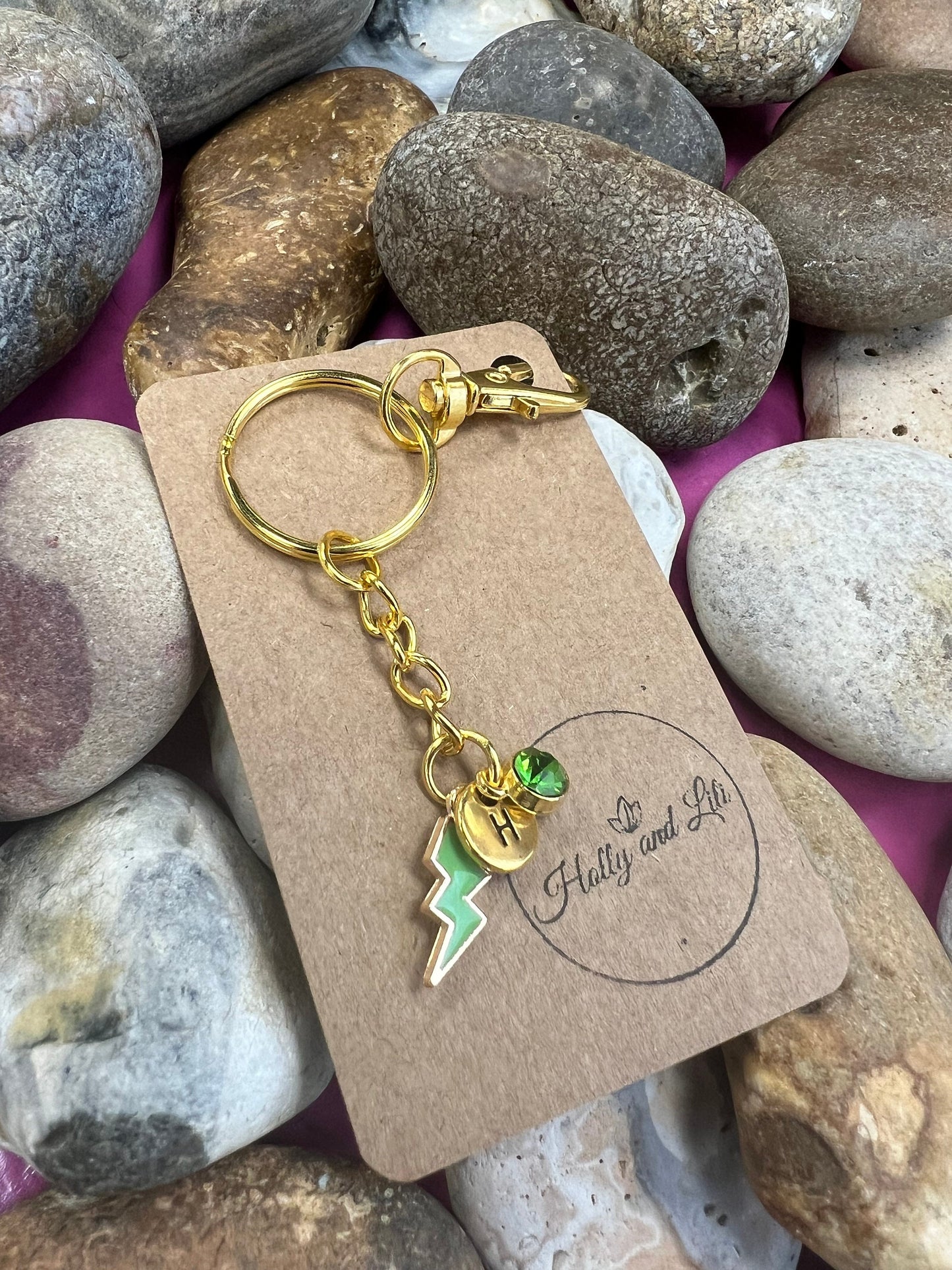 Lightning Bolt Green Personalised Keychain, Storm Keyring, Alphabetical Initial, Birthstone Charms, Lightning Zipper Chains, Novelty, BFF