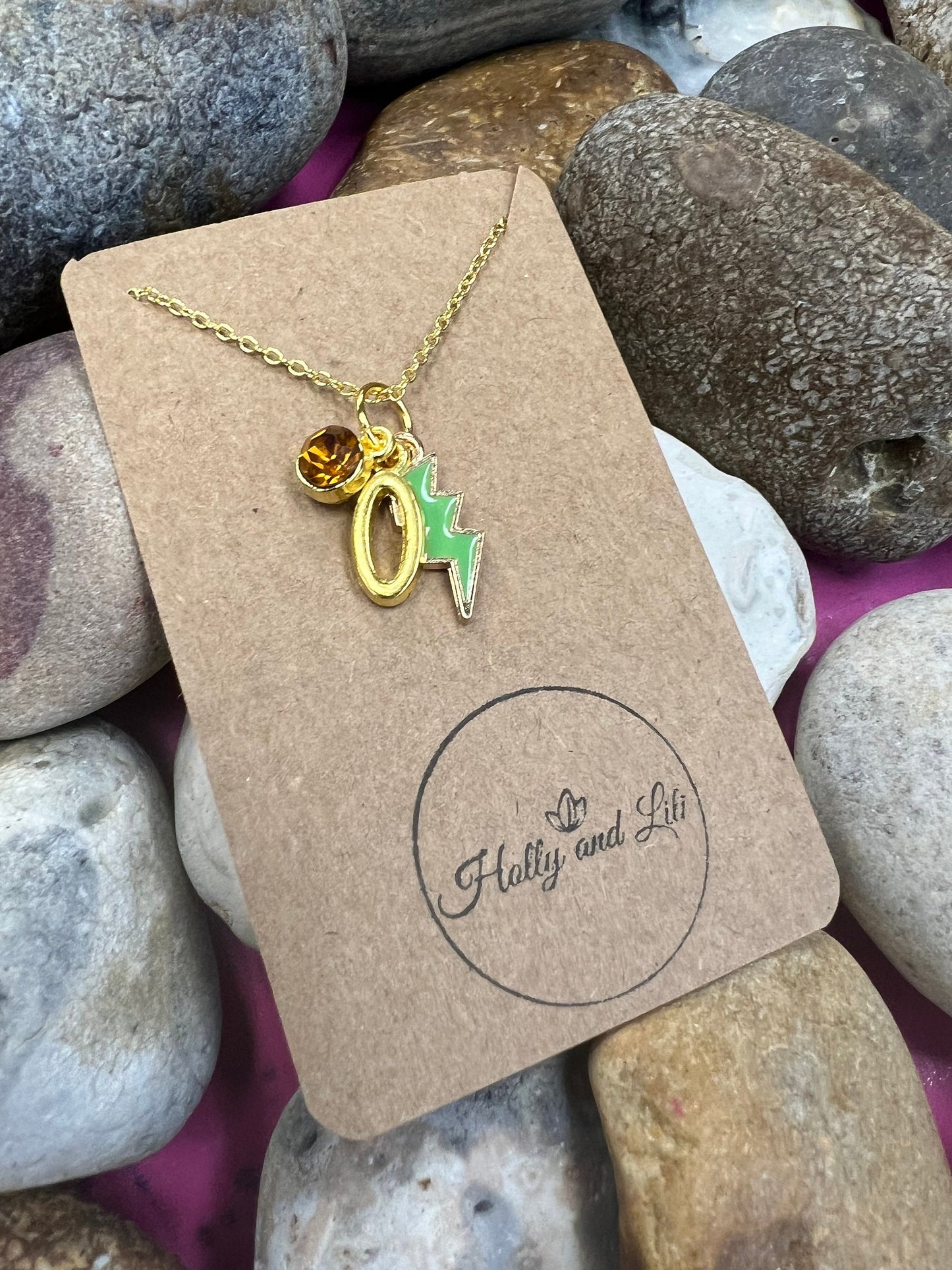 Lightning Bolt Green Novelty Pendant Necklace, Personalised Lightning Chain, Flash, Alphabet & Birthstone, First Necklace, Light Bolt, Bff