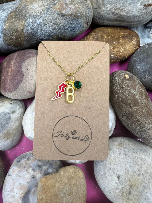 Lightning Red Green Novelty Pendant Necklace, Personalised Lightning Chain, Flash, Alphabet & Birthstone, First Necklace, Light Bolt, Bff