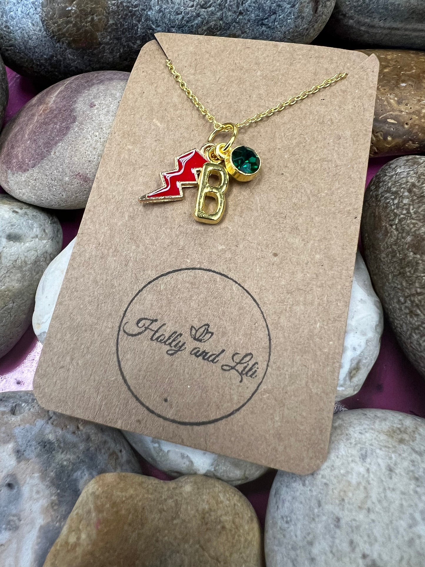 Lightning Red Green Novelty Pendant Necklace, Personalised Lightning Chain, Flash, Alphabet & Birthstone, First Necklace, Light Bolt, Bff