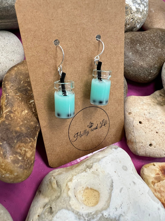 Bubble Tea 925 Sterling Silver Earrings, Teal Bubble Tea Hoops, Boba, Novelty, Novelty 925 Gifts, Boba Tea Gifts For Her, For BFF