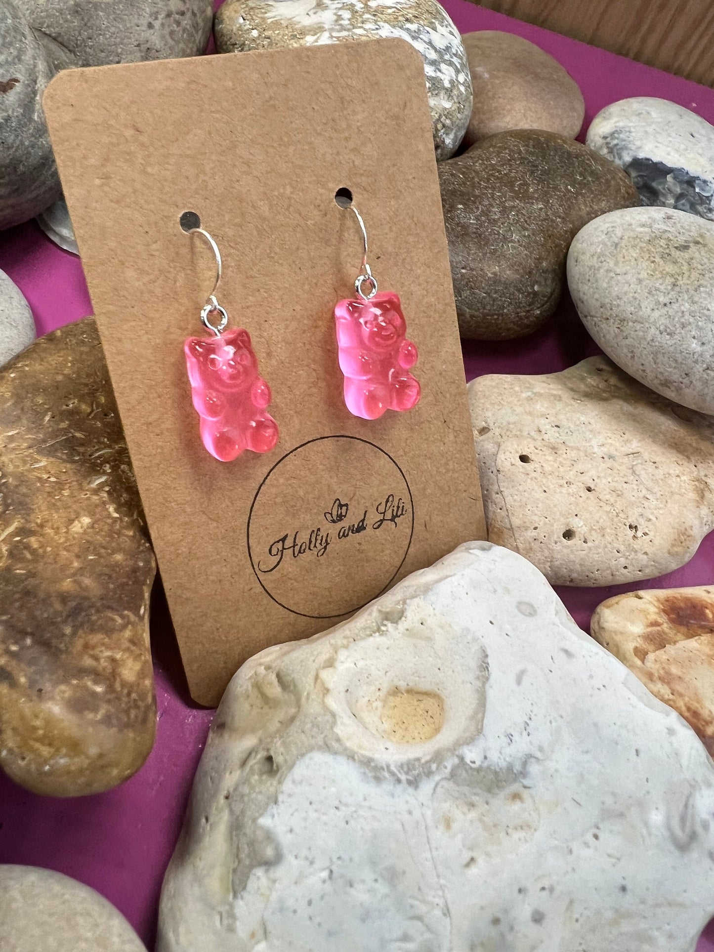 Gummy Bear 925 Sterling Silver Pink Style Earrings, 925 Teddy Bear, Personalise Hooks, Novelty 925 Bear Earrings, Cute Gummy, 925 Gummy Bear