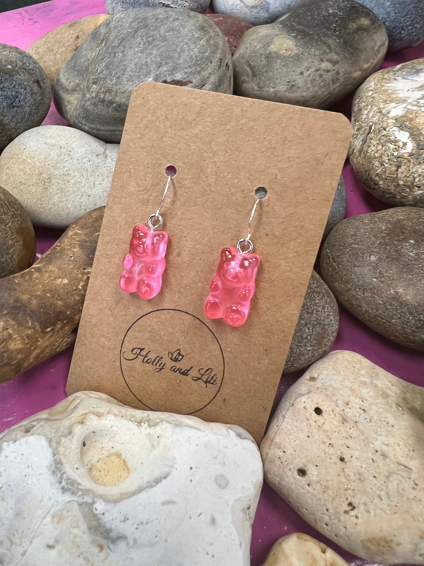 Gummy Bear 925 Sterling Silver Pink Style Earrings, 925 Teddy Bear, Personalise Hooks, Novelty 925 Bear Earrings, Cute Gummy, 925 Gummy Bear