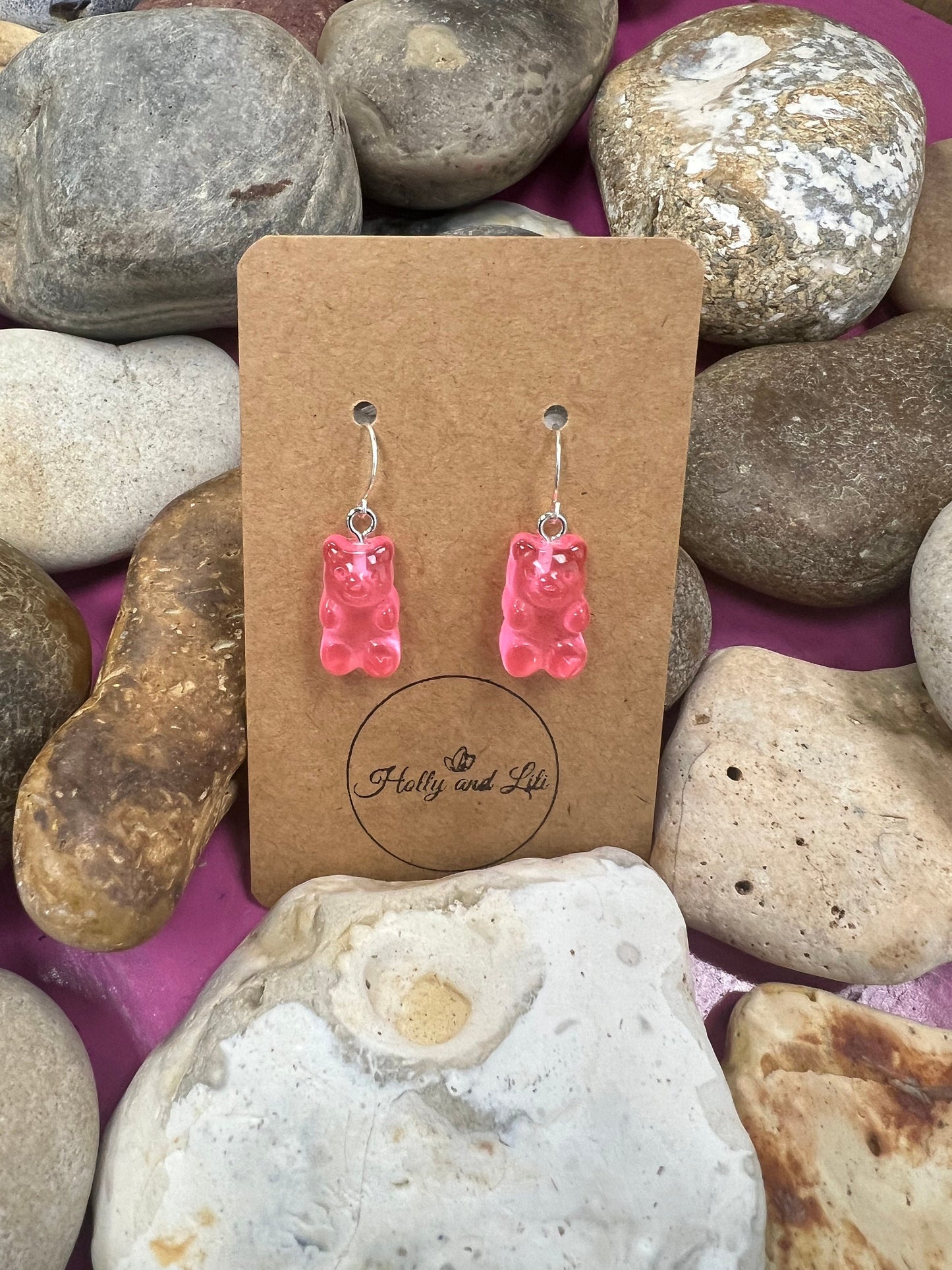 Gummy Bear 925 Sterling Silver Pink Style Earrings, 925 Teddy Bear, Personalise Hooks, Novelty 925 Bear Earrings, Cute Gummy, 925 Gummy Bear