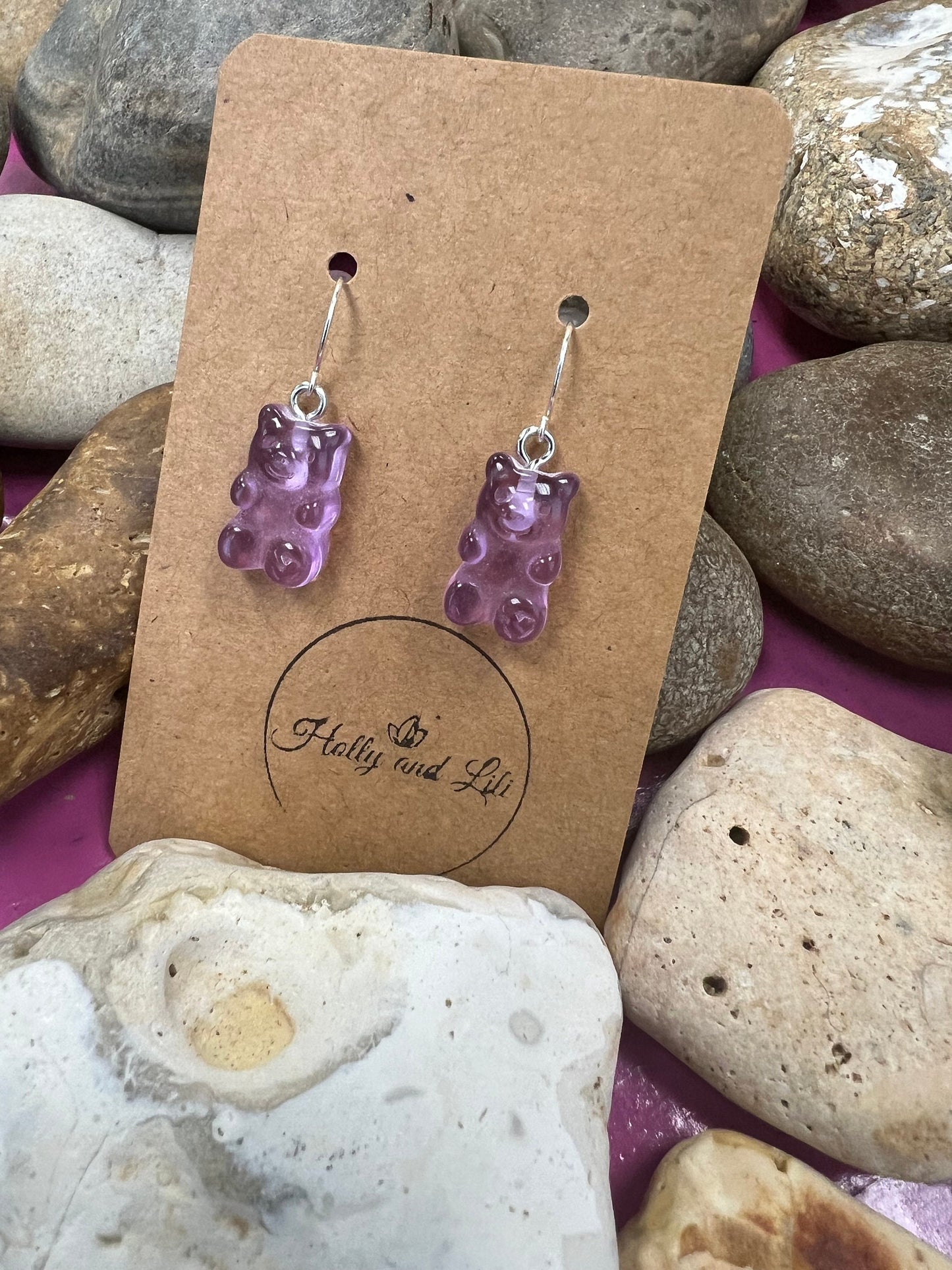 Gummy Bear 925 Sterling Silver Purple Style Earrings, 925 Teddy Bear, Personalise Hooks, Novelty 925 Bear Earrings, Gummy, 925 Gummy Bear