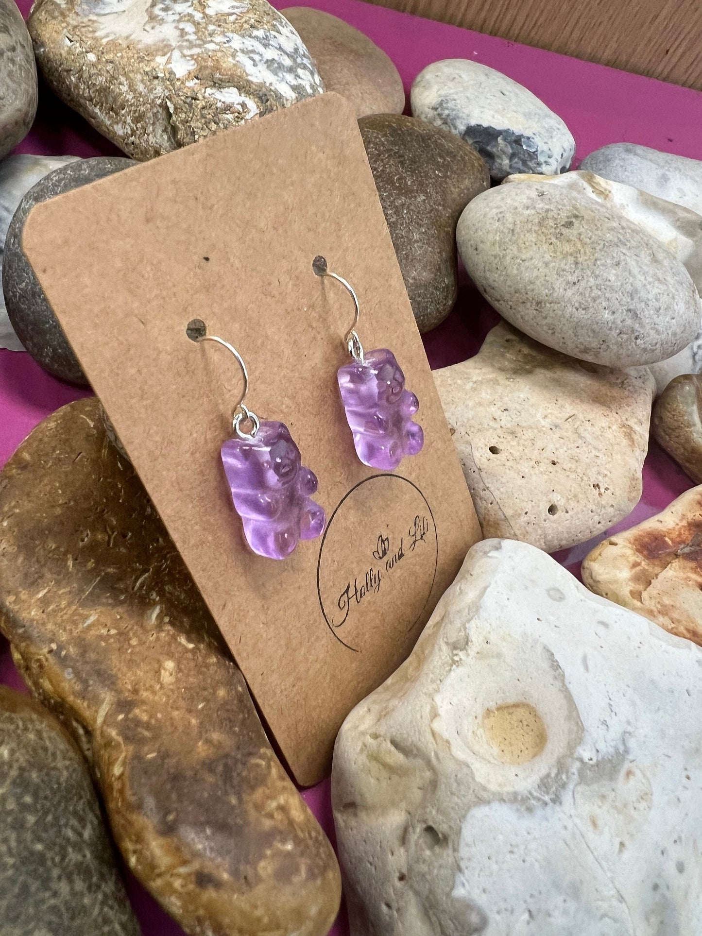 Gummy Bear 925 Sterling Silver Purple Style Earrings, 925 Teddy Bear, Personalise Hooks, Novelty 925 Bear Earrings, Gummy, 925 Gummy Bear