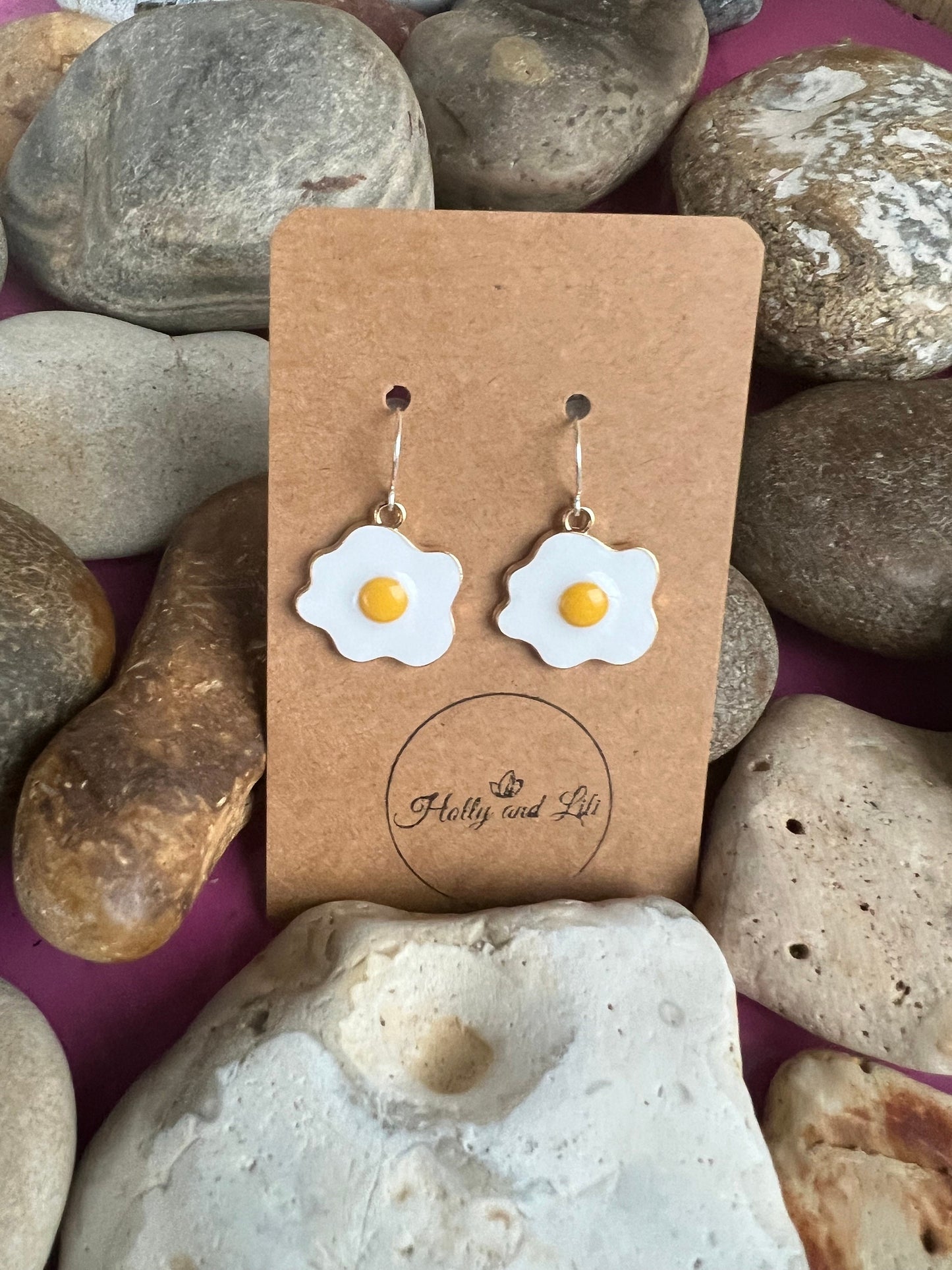 Fried Eggs 925 Sterling Silver Novelty Earrings, Egg Earring Hooks, Novelty Egg Dangle Drop Earrings, Personalised Earrings, Fried Egg Hoops