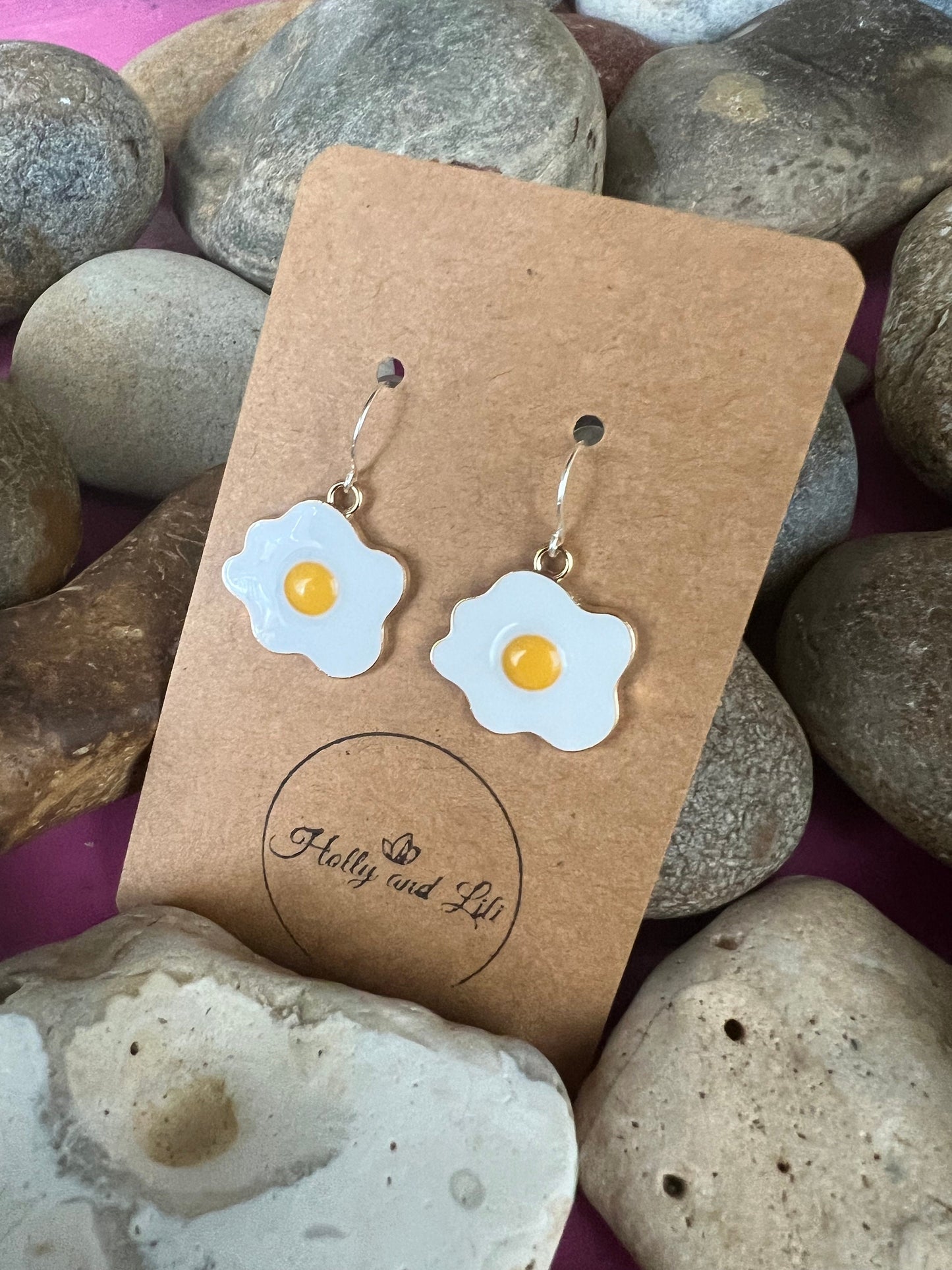 Fried Eggs 925 Sterling Silver Novelty Earrings, Egg Earring Hooks, Novelty Egg Dangle Drop Earrings, Personalised Earrings, Fried Egg Hoops