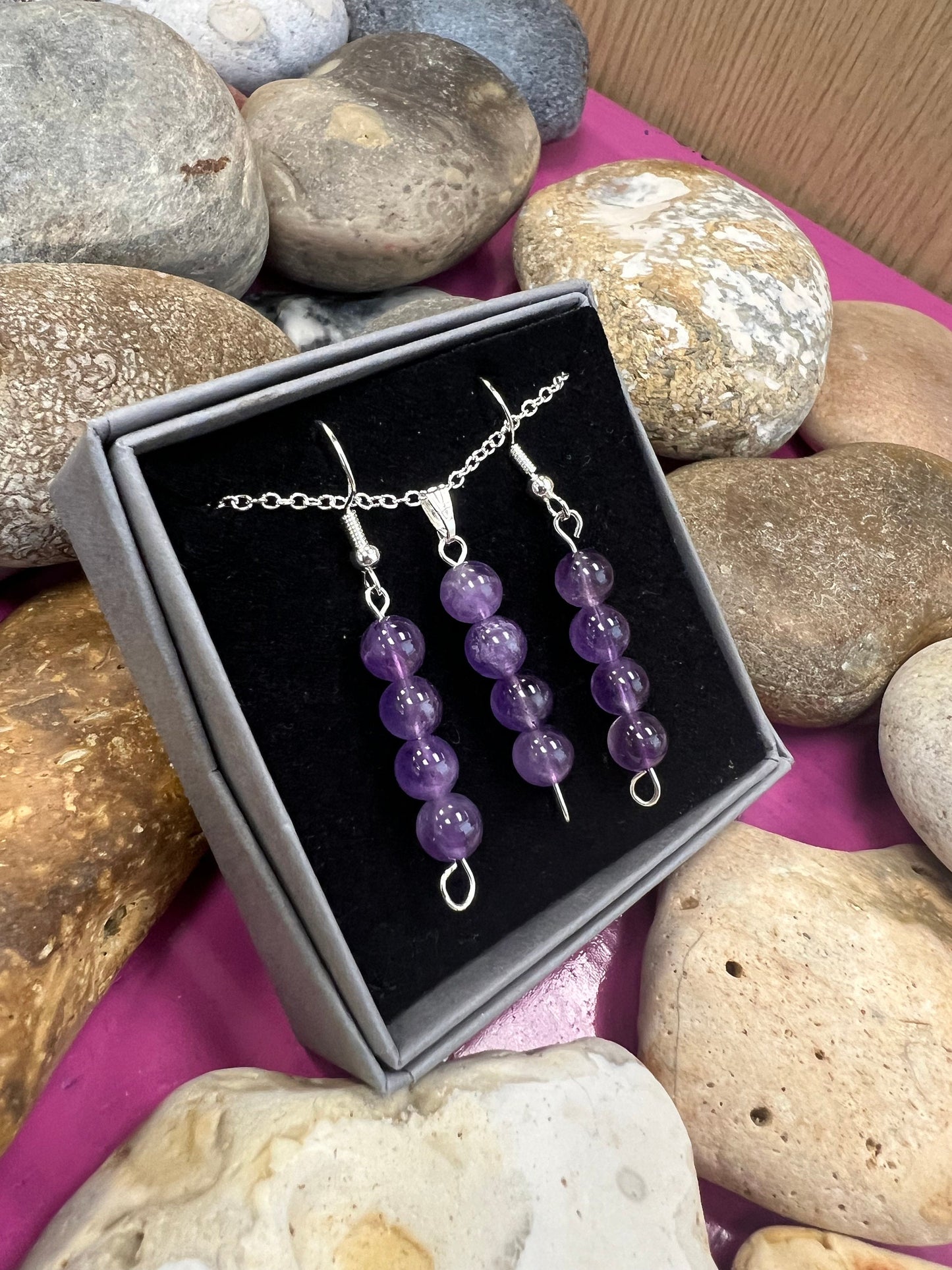 Birthstone Crystal Amethyst Bead Drop And Dangle Earrings,  Healing 925 Earrings, Sterling Silver 925 Earrings, Birthday Gift Set February