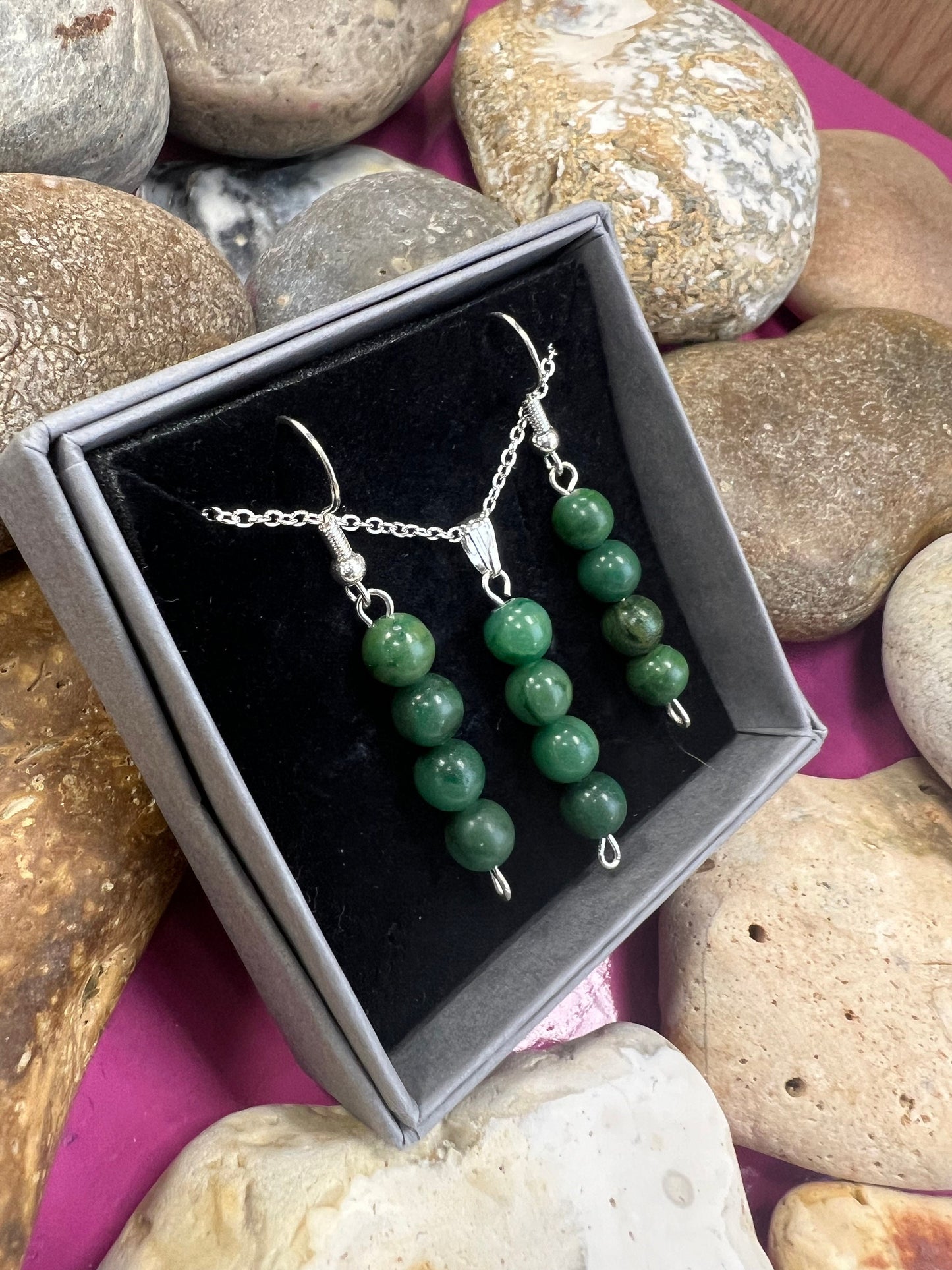 Birthstone Crystal African Jade Bead Drop And Dangle Earrings,  Healing 925 Earrings, Sterling Silver 925, Birthday Jewellery May Gift Set