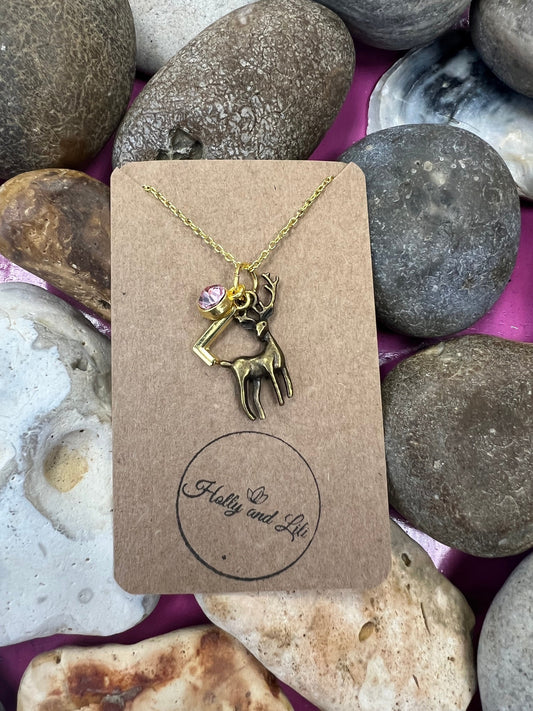 Deer Stag Bronze Personalised Animal Pendant Charm Necklace, Alphabet Initials, Birthstone, Bambi, Deers, Wild Animal, Unique Gift For Her