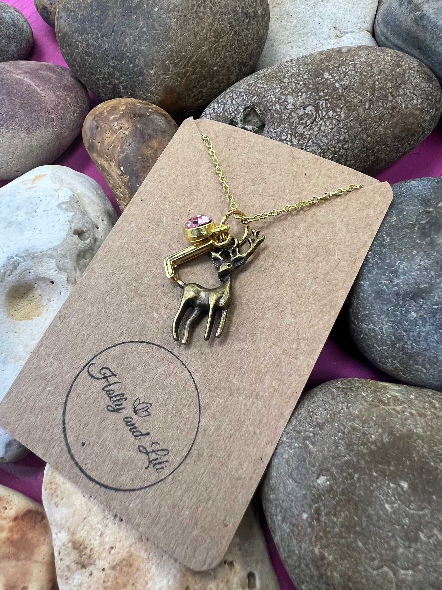 Deer Stag Bronze Personalised Animal Pendant Charm Necklace, Alphabet Initials, Birthstone, Bambi, Deers, Wild Animal, Unique Gift For Her