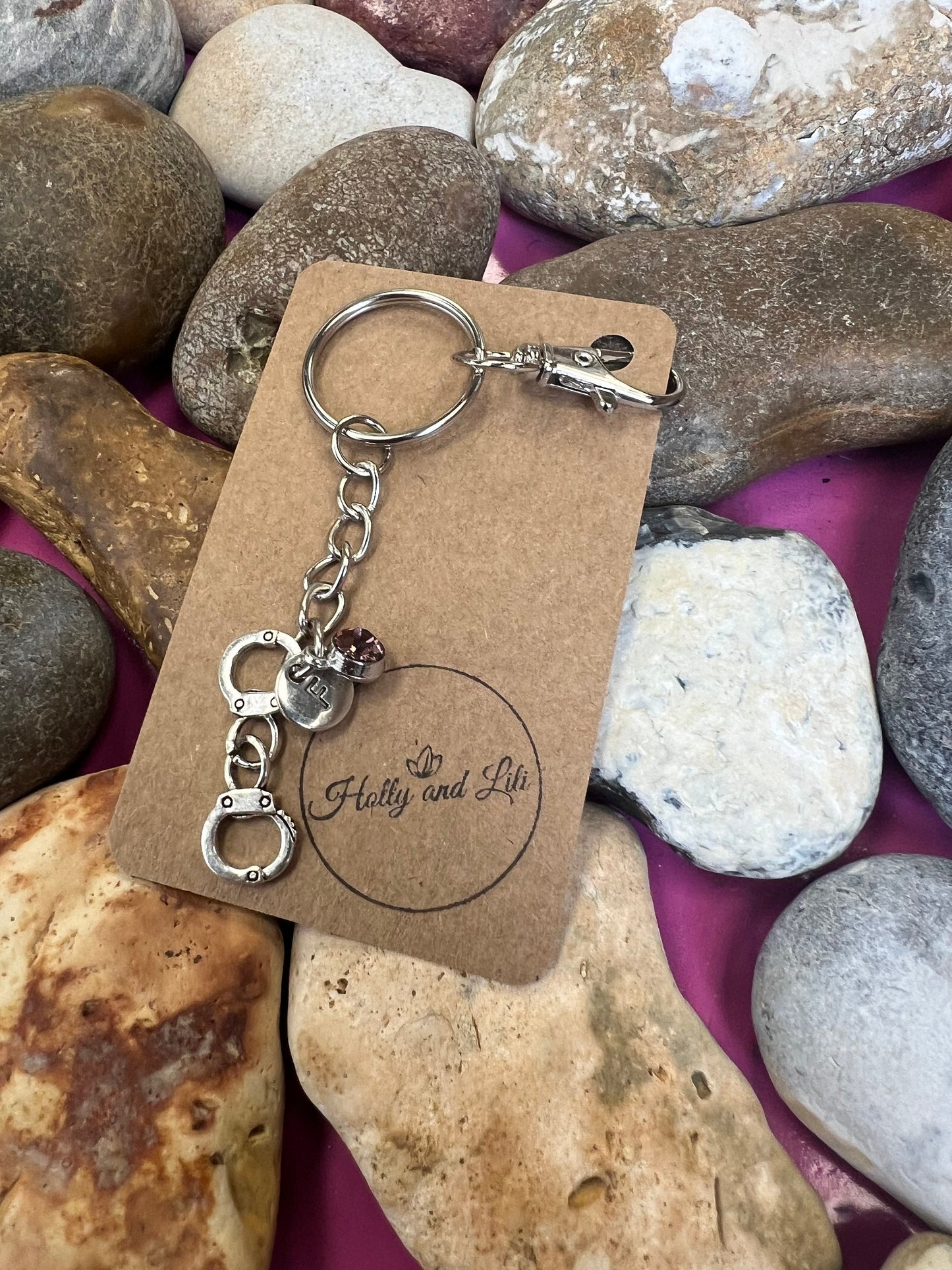 Handcuffs Personalised Keychain, Handcuff Keyring, Hand Cuffs Alphabet Initials, Birthstone Charm, Police Gifts, Cuffs Zipper Chain