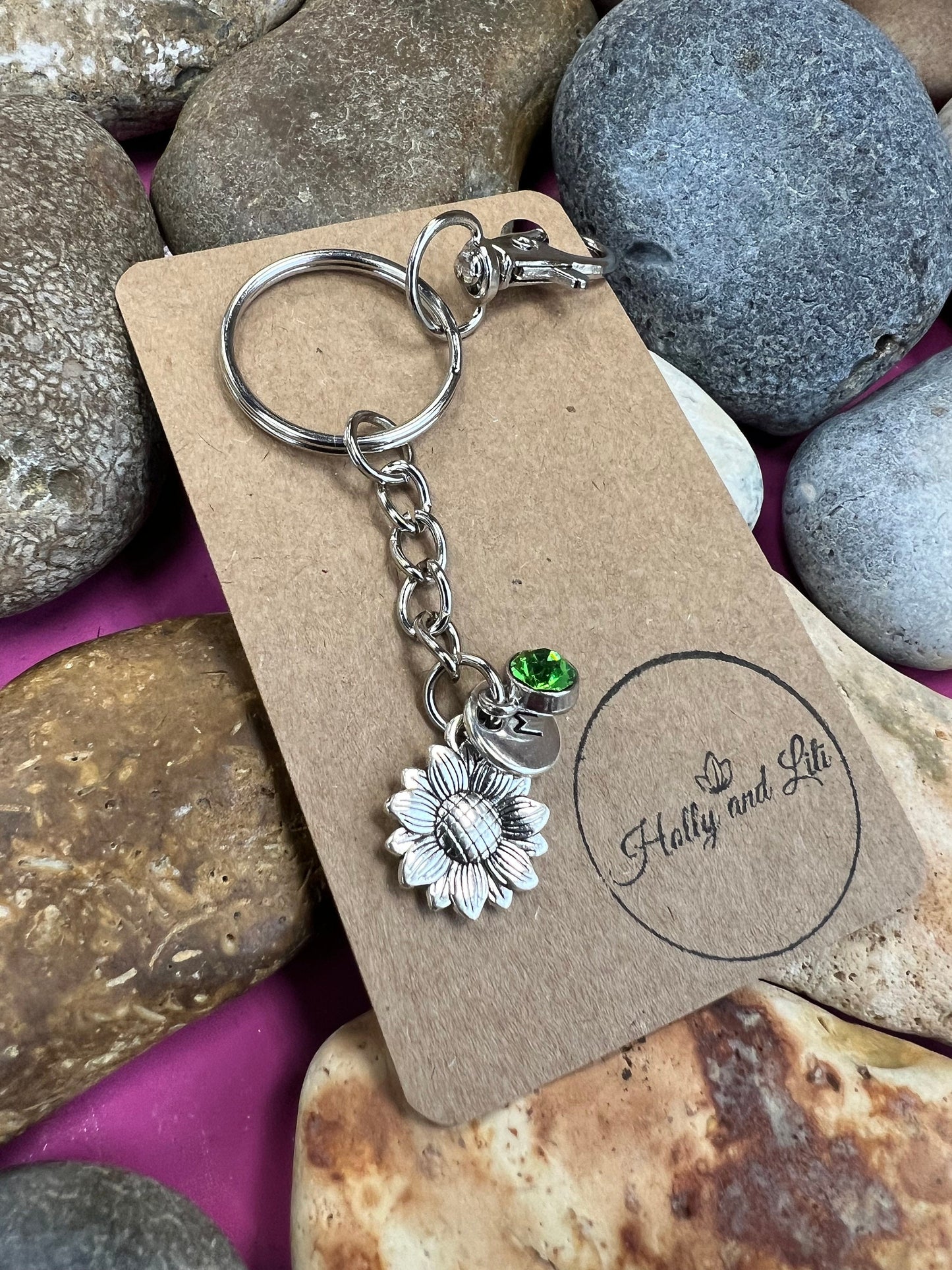 Sunflower Style Personalised Gold Keyring, Flower Keychain, Alphabet Initials, Birthstone Charm, Initials Keyring, Flower Zipper Chain