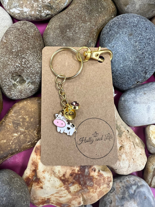 Cow Keyring, Cows keychain, Calf Keyring, Alphabetical Initial, Birthstone Charms, Bull Zipper, Key-Ring, Cow Personalised