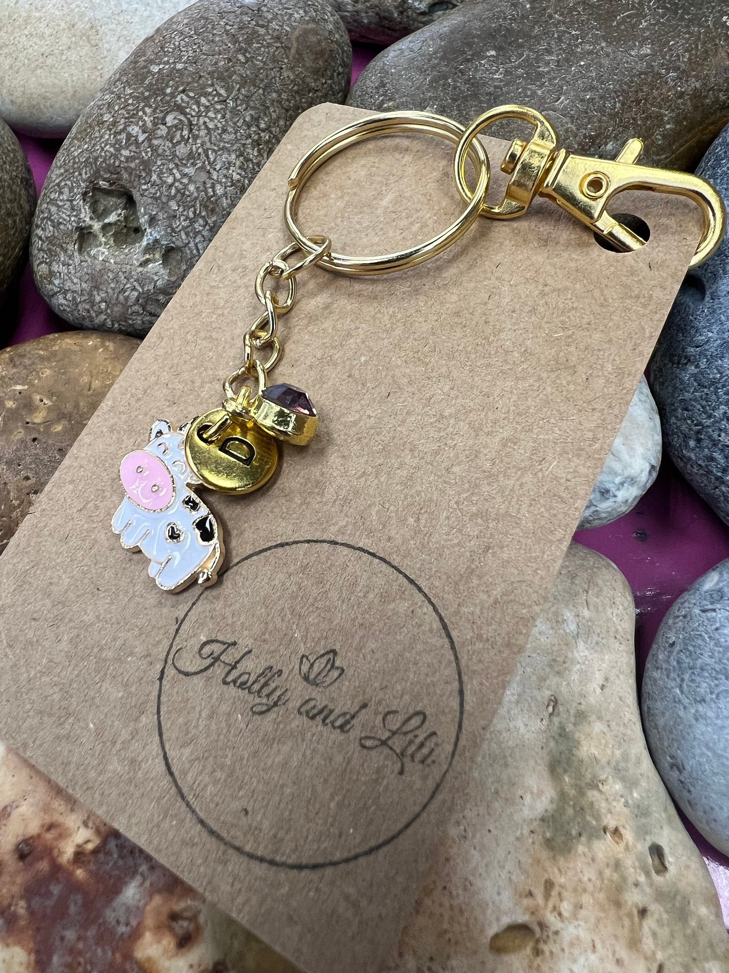 Cow Keyring, Cows keychain, Calf Keyring, Alphabetical Initial, Birthstone Charms, Bull Zipper, Key-Ring, Cow Personalised