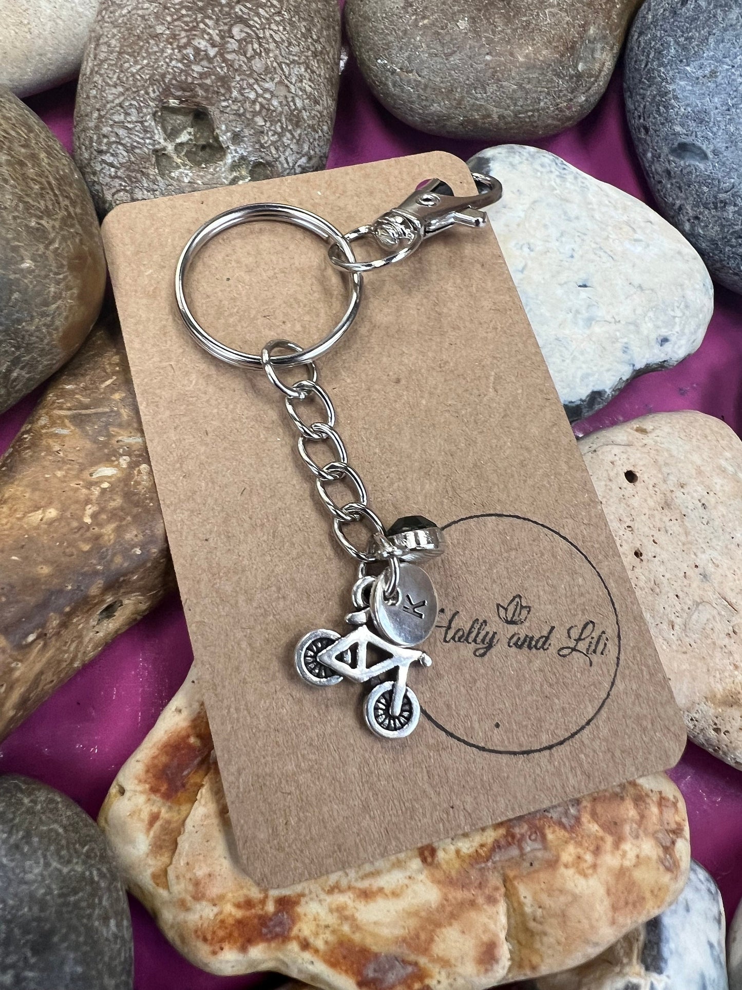 Bike Personalised Keychain, Cycling Keyring Gift, Alphabet Initial, Birthstone Charm, Bikes Personalised Gift, Cycle Zipper, Bicycle