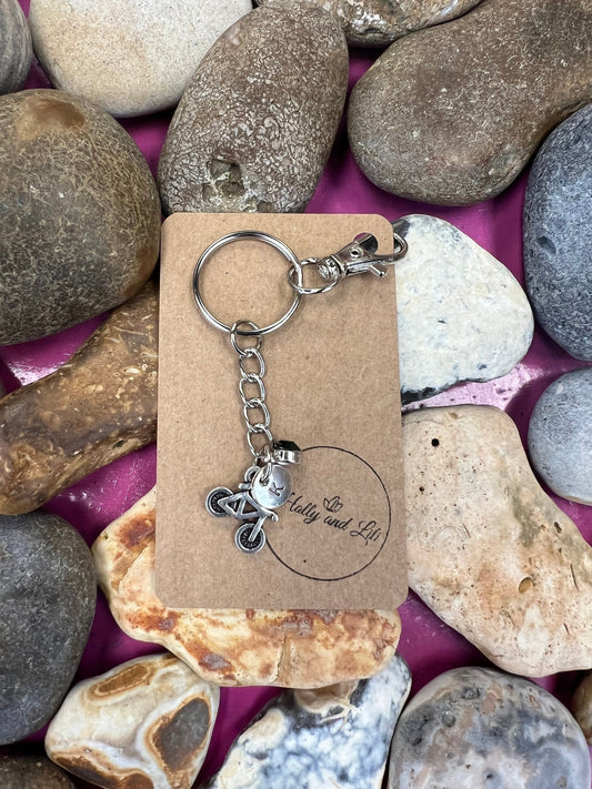 Bike Personalised Keychain, Cycling Keyring Gift, Alphabet Initial, Birthstone Charm, Bikes Personalised Gift, Cycle Zipper, Bicycle