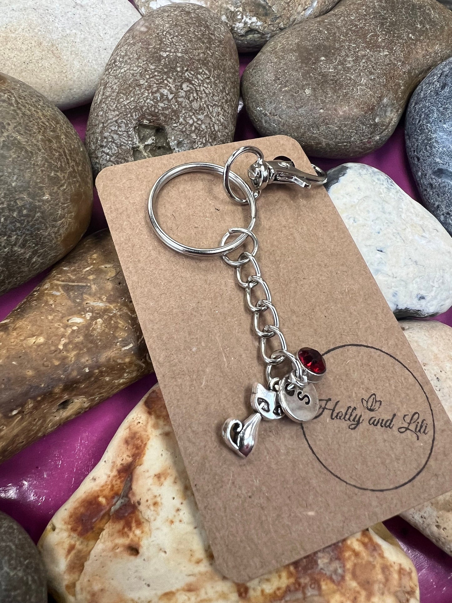 Cat Personalised, keychain cats, Catz Keyring, Alphabetical Initial, Birthstone Charms, Zipper Chain, Pussy Key-Ring, Cat Personalised